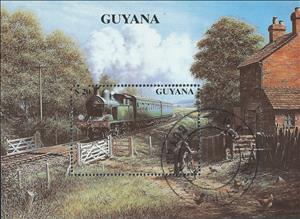 Souvenir Sheet, Block issue, Guyana,  , Paintings, Railways, Steam Traction, Locomotives