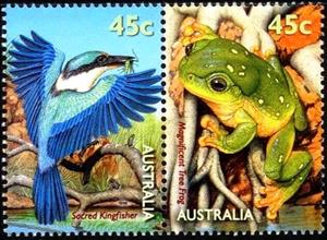 Se-tenant, Sacred Kingfisher + Magnificent Tree Frog, Australia,  , Frogs, Kingfishers