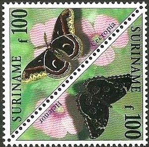 Se-tenant, Cecropia Silkmoth (Hyalophora cecropia), Common Morpho (Morp, Suriname,  , Insects, Butterflies, Triangle Stamps