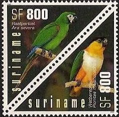Se-tenant, Chestnut-fronted Macaw (Ara severus), Black-headed Parrot (P, Suriname,  , Birds, Parrots, Triangle Stamps