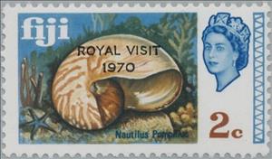Stamp, Chambered Nautilus (Nautilus pompilius) - Overprinted, Fiji,  , Shells