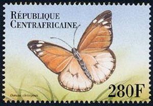 Stamp, African Monarch (Danaus chrysippus), Central African Republic,  , Insects, Butterflies, Animals (Fauna)