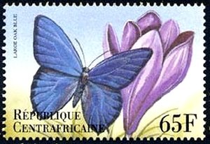 Stamp, Large Oakblue (Arhopala amantes), Central African Republic,  , Insects, Butterflies, Animals (Fauna)