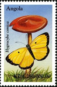 Stamp, Agaricus xanthoderma, Angola,  , Mushrooms, Butterflies