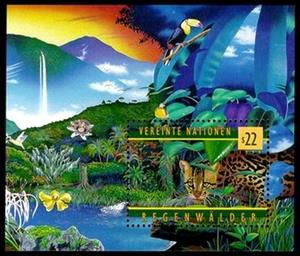 Souvenir Sheet, Ocelot (Leopardus pardalis), UNO Vienna,  , Birds, Cats, Rainforest