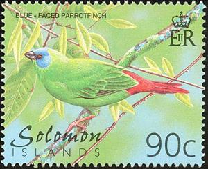 Stamp, Blue-faced Parrotfinch (Erythrura trichroa), Solomon Islands,  , Birds