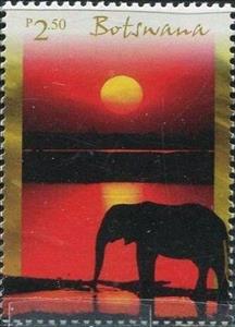 Stamp, African Elephant (Loxodonta africana) in Sunset, Botswana,  , Mammals, Elephants, Rivers, Lakes, Sunsets / Sunrises, Animals (Fauna)