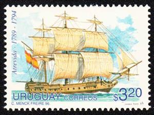 Stamp, Ship "Atrevida" (1789-1794), Uruguay,  