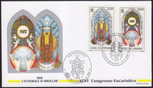 First Day Cover, Wroclaw Cathedral and Holy Spirit / Monogram of Christ, dove, Vatican City,  , Special Occasions, Conferences