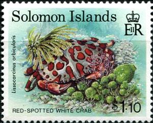 Stamp, Red-spotted White Crab (Lissocarcinus orbicularis), Solomon Islands,  , Animals (Fauna), Crabs