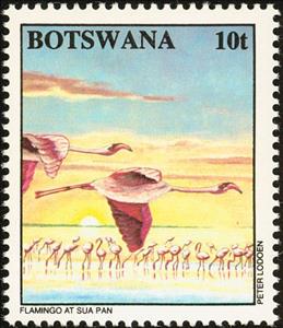 Stamp, Flamingos, Sua Pan, Botswana,  , Birds, Flamingos, Animals (Fauna)
