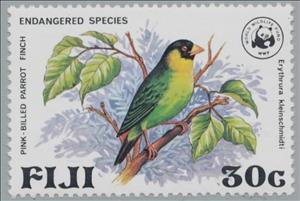 Stamp, Pink-billed Parrotfinch (Erythrura kleinschmidti), Fiji,  , Birds, WWF, Animals (Fauna)