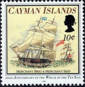 Stamp, Merchant brig and merchant ship, Cayman Islands,  , Ships, Sailing Ships