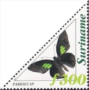 Stamp, Emerald-patched Cattleheart (Parides sesostris), Suriname,  , Insects, Butterflies, Animals (Fauna), Triangle Stamps