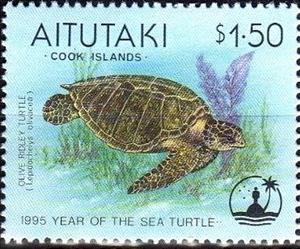 Stamp, Olive Ridley Sea Turtle (Lepidochelys olivacea), Aitutaki,  , Sea Life, Turtles, Animals (Fauna)