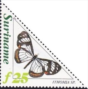 Stamp, Glasswing Butterfly (Ithomia sp.), Suriname,  , Insects, Butterflies, Animals (Fauna), Triangle Stamps