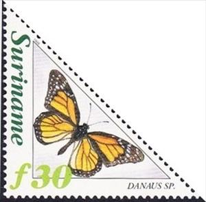 Stamp, Monarch (Danaus plexippus), Suriname,  , Insects, Butterflies, Animals (Fauna), Triangle Stamps