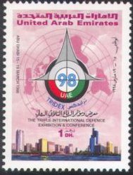 Emblem over world map, skyline of Abu Dhabi