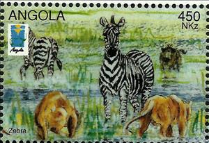 Stamp, Zebra (Equus zebra sp.) and Two Lions (Panthera leo), Angola,  , Animals (Fauna)