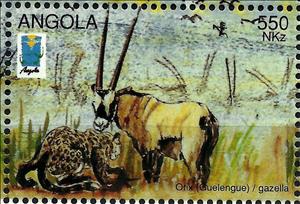 Stamp, Leopard (Panthera pardus) and Gemsbok (Oryx gazella), Angola,  , Animals (Fauna)