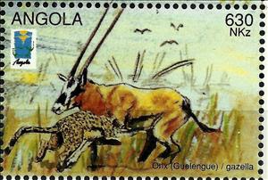 Stamp, Leopard (Panthera pardus) attacks Gemsbok (Oryx gazella), Angola,  , Animals (Fauna)