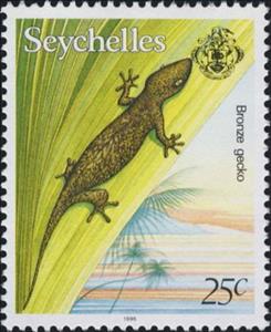 Stamp, Seychelles Bronze Gecko (Ailuronyx seychellensis), Seychelles,  , Lizards