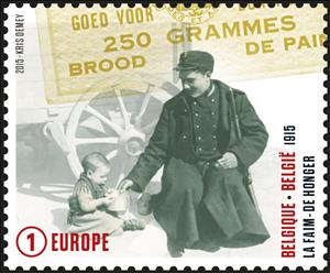 Stamp, Soldier shares his ration with a child, Belgium,  