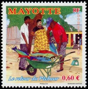Stamp, Sale of fish, Mayotte,  