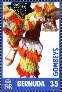 Stamp, Various Gombey dancers with frame colour of: Blue, Bermuda,  , Dance