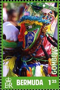 Stamp, Various Gombey dancers with frame colour of: Green, Bermuda,  , Dance