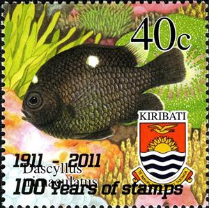 Stamp, Threespot Dascyllus (Dascyllus trimaculatus), Kiribati,  , Fishes