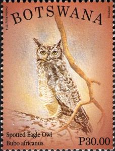 Stamp, Spotted Eagle-Owl (Bubo africanus), Botswana,  , Birds, Birds of Prey, Owls, Animals (Fauna)