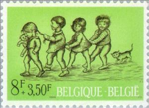 Stamp, Playing childs, Belgium,  , Mammals, Cats, Children, Children's Play, Animals (Fauna)