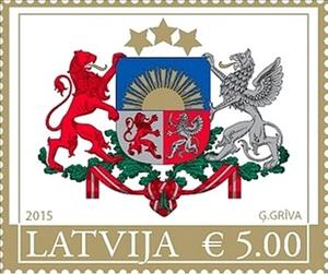 Stamp, Coat of arms of the Republic of Latvia (golden frame), Latvia,  , Heraldic Animals, Stars, Лев, Sun, Coats of Arms