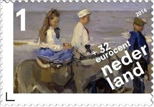 Stamp, Donkey ride on the beach, Netherlands,  , Mammals, Paintings, Art, Children, Beaches, Animals (Fauna), Donkeys