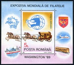 Souvenir Sheet, WORLD STAMP EXPO '89, Washington, Romania,  , Ships, Vehicles, Philatelic Exhibitions, Mailcoaches, Railways, Aviation, Aircrafts