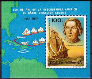 Souvenir Sheet, Cristoph Colombus, Romania,  , Ships, Discoverers, Sailing Ships, Anniversaries and Jubilees