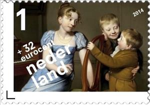 Stamp, Girl playing piano and her two brothers, Netherlands,  , Music, Musical Instruments, Children
