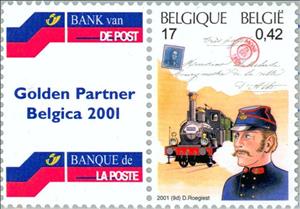 Se-tenant, Postman 19th Century + tab Bank van de Post - Banque de la P, Belgium,  , Postal Services, Philatelic Exhibitions, Expositions, Philately, Railways