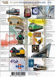 Souvenir Sheet, 175 Years of Dutch Railways, Netherlands,  , Clocks, Stamps, Bridges, Railways, Stations, Logos