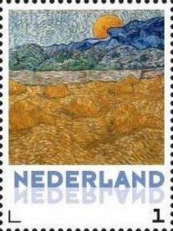 Stamp, Vincent van Gogh: Landscape with wheat shaves and rising moo, Netherlands,  , Landscapes, Paintings, Art
