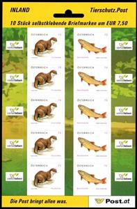 Booklet Pane, Eurasian Otter (Lutra lutra), River Trout (Salmo trutta fari, Austria,  , Otters, Fishes