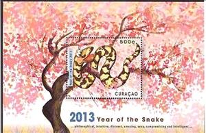 Souvenir Sheet, Snake and tree with blossom, Curaçao,  , Trees, Flowers, Chinese New Year, Reptiles, Snakes, Animals (Fauna), Plants (Flora)