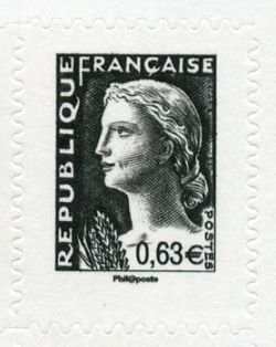 The 5th republic over stamp-Marianne Decaris