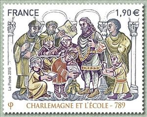 Stamp, Charlemagne and the school - 789, France,  
