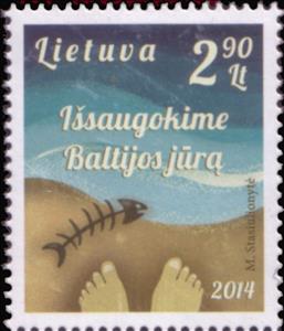 Stamp, Feet on shoreline, with fish skeleton, Lithuania,  