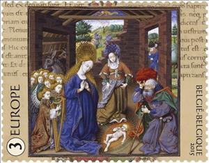 Stamp, The Nativity from the Breviarium of Philip the Good (1460-14, Belgium,  , Christmas, Middle Ages, Art