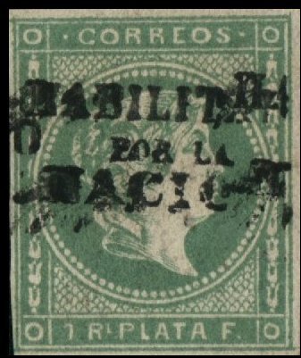 Queen Isabella II. (handstamped: Habilitado por la NACION)