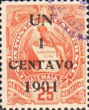 National Emblem surcharged in black 1c on 25c