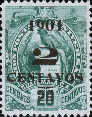 National Emblem surcharged in black 2c on 20c
